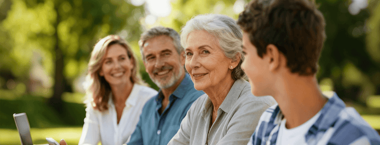 Family of four sitting outdoors in a park, smiling and looking at something off-camera.