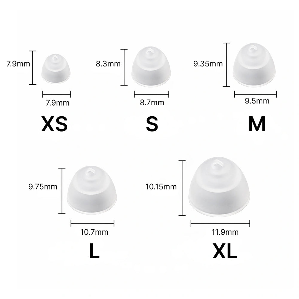 Closed ear dome size chart showing frosted white silicone domes in sizes XS to XL with millimeter dimensions