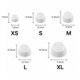 Closed ear dome size chart showing frosted white silicone domes in sizes XS to XL with millimeter dimensions