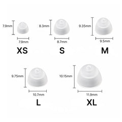 Closed ear dome size chart showing frosted white silicone domes in sizes XS to XL with millimeter dimensions