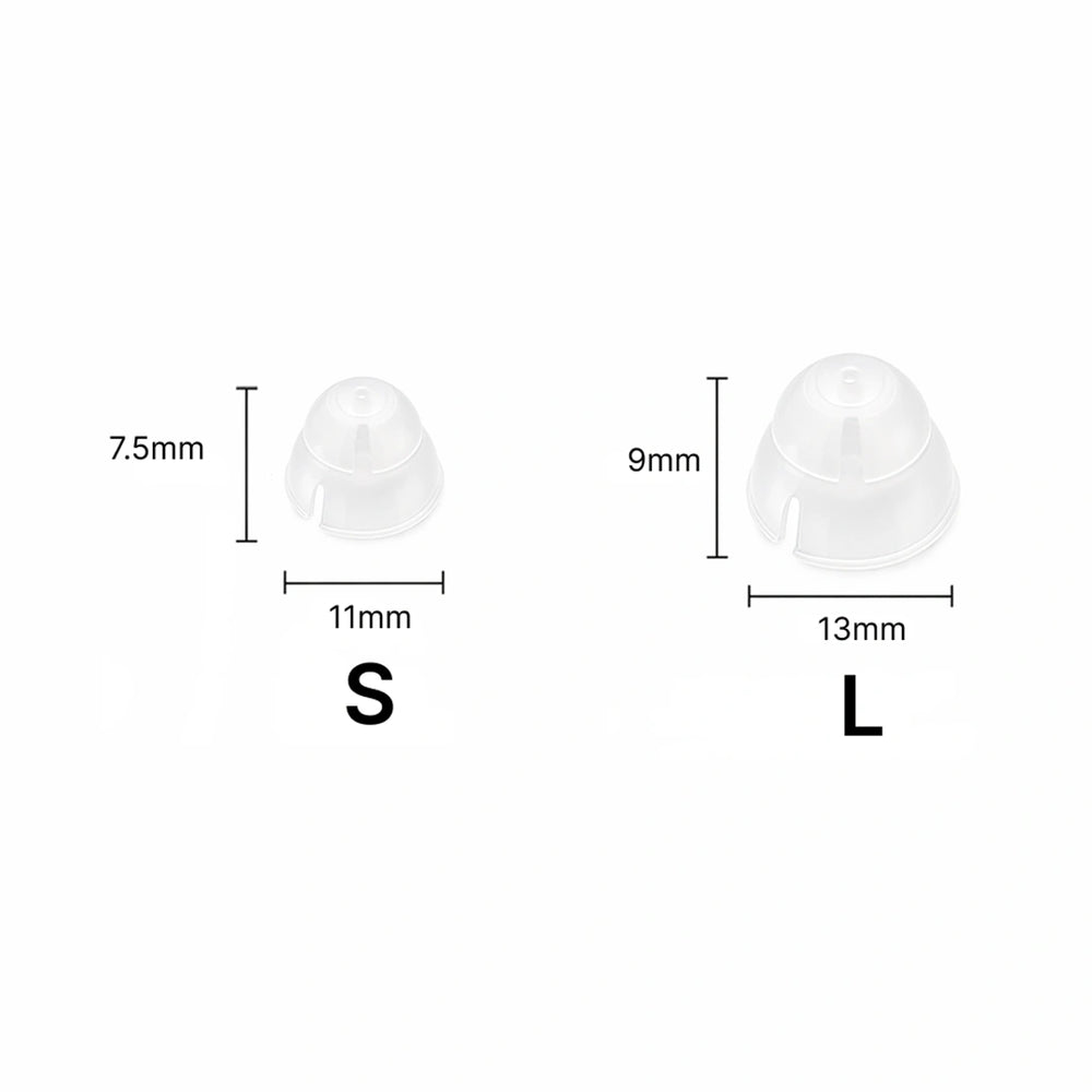 Open ear dome size chart showing translucent white silicone domes in sizes S and L with millimeter dimensions
