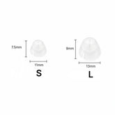 Open ear dome size chart showing translucent white silicone domes in sizes S and L with millimeter dimensions