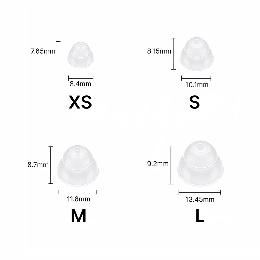 Power ear dome size chart showing translucent silicone domes in sizes XS to L with millimeter dimensions