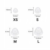 Power ear dome size chart showing translucent silicone domes in sizes XS to L with millimeter dimensions