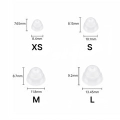 Power ear dome size chart showing translucent silicone domes in sizes XS to L with millimeter dimensions