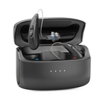 Black hearing aid device with charging case on a white background