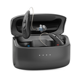 Black hearing aid device with charging case on a white background