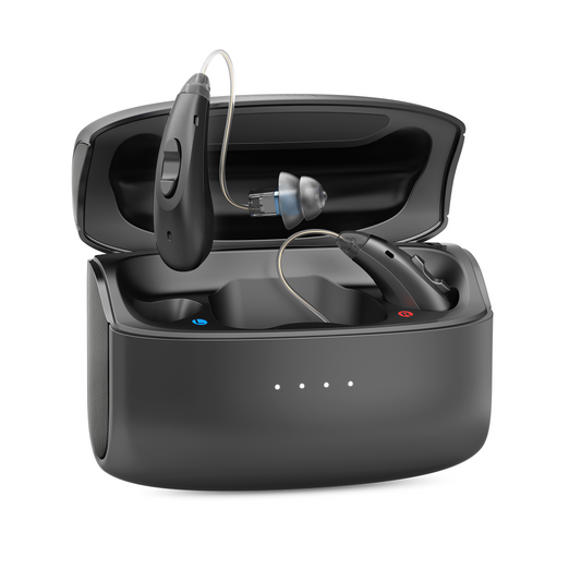 Black hearing aid device with charging case on a white background