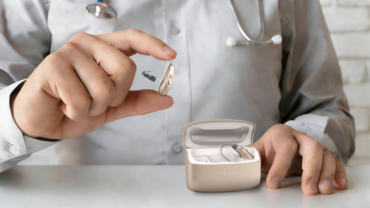 A hearing specialist at the clinic is holding a TM5126 Hearing Aid