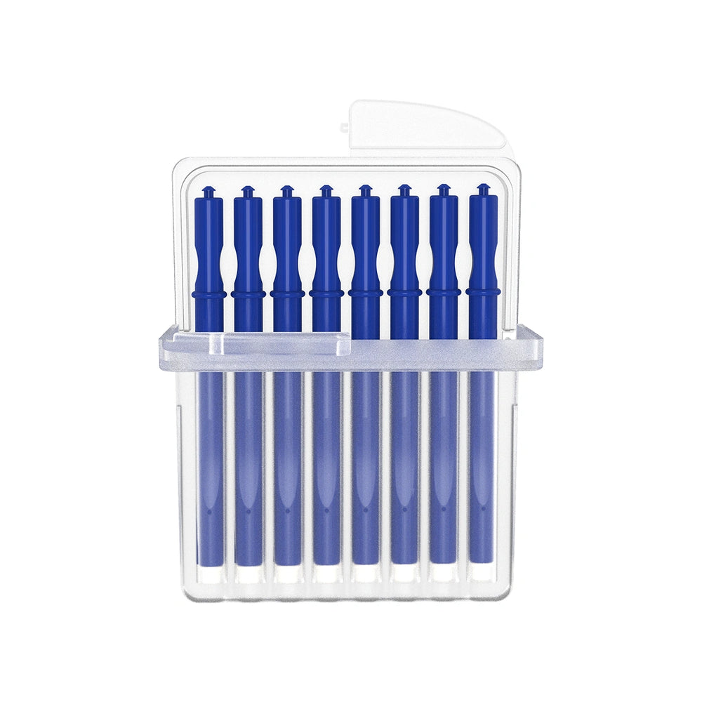 Wax guard replacement set with eight blue applicator sticks with white filters in a clear case on a white background