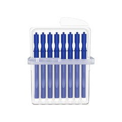 Wax guard replacement set with eight blue applicator sticks with white filters in a clear case on a white background