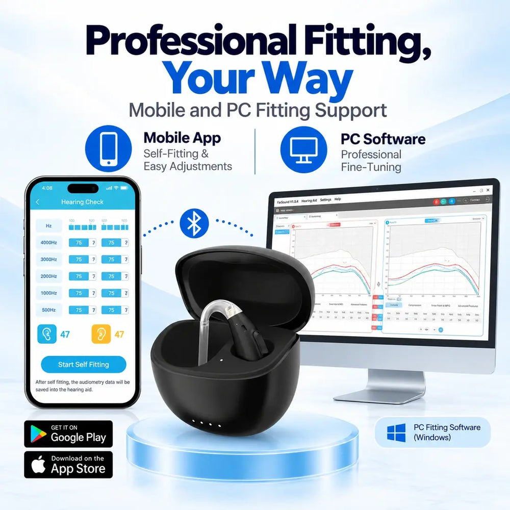 Tomore TM5220D hearing aid with Bluetooth mobile app self-fitting and Windows PC software for professional hearing adjustments