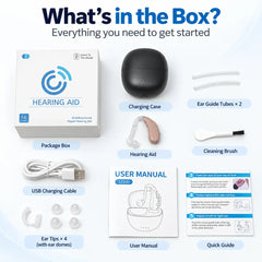 Tomore TM5220D hearing aid package including charging case, ear guide tubes, ear tips, USB charging cable, cleaning brush, user manual and quick guide