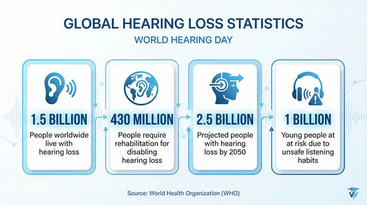 Global hearing loss statistics chart by WHO, highlighting 1.5B people with hearing loss, 430M disabling, 1B young at risk, 2.5B projected by 2050