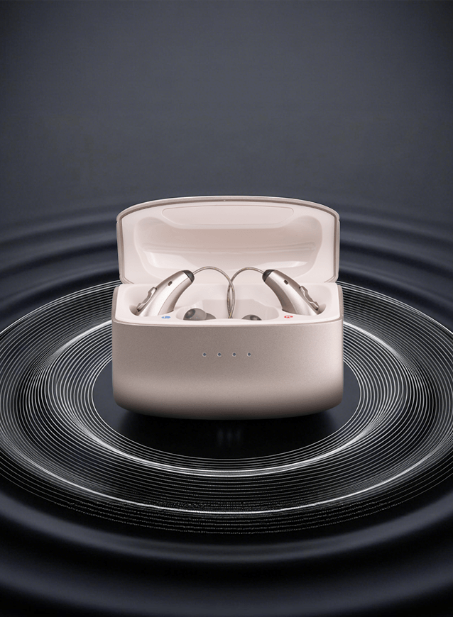 Light Gold hearing aids case with wireless earbuds on a dark gray background