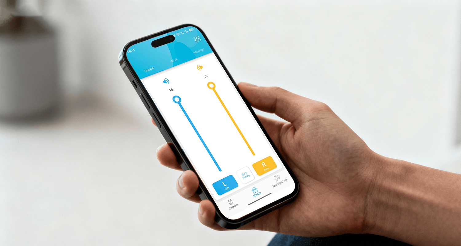 Hand holding phone with app volume screen.