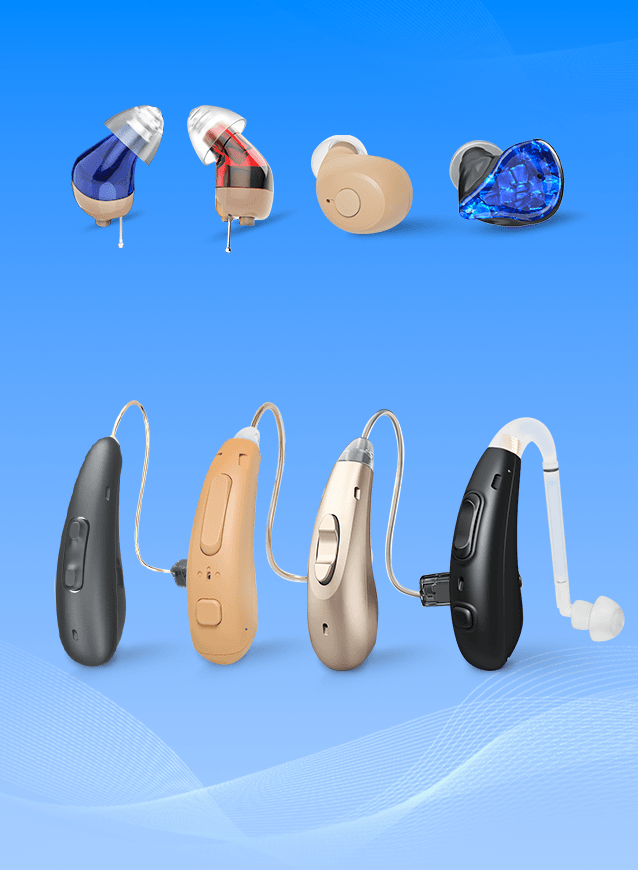 Collection of various hearing aids on a blue background
