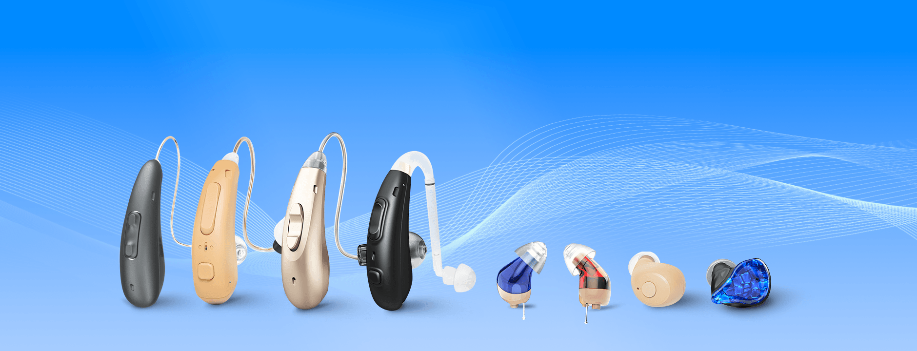 A row of various hearing aids is displayed on a blue background, including BTE, RIC, CIC and ITE models.