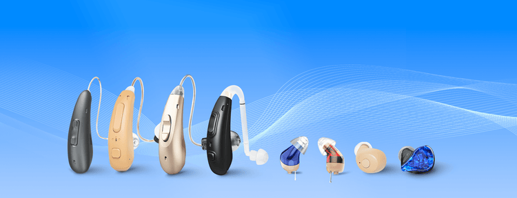 A row of various hearing aids is displayed on a blue background, including BTE, RIC, CIC and ITE models.