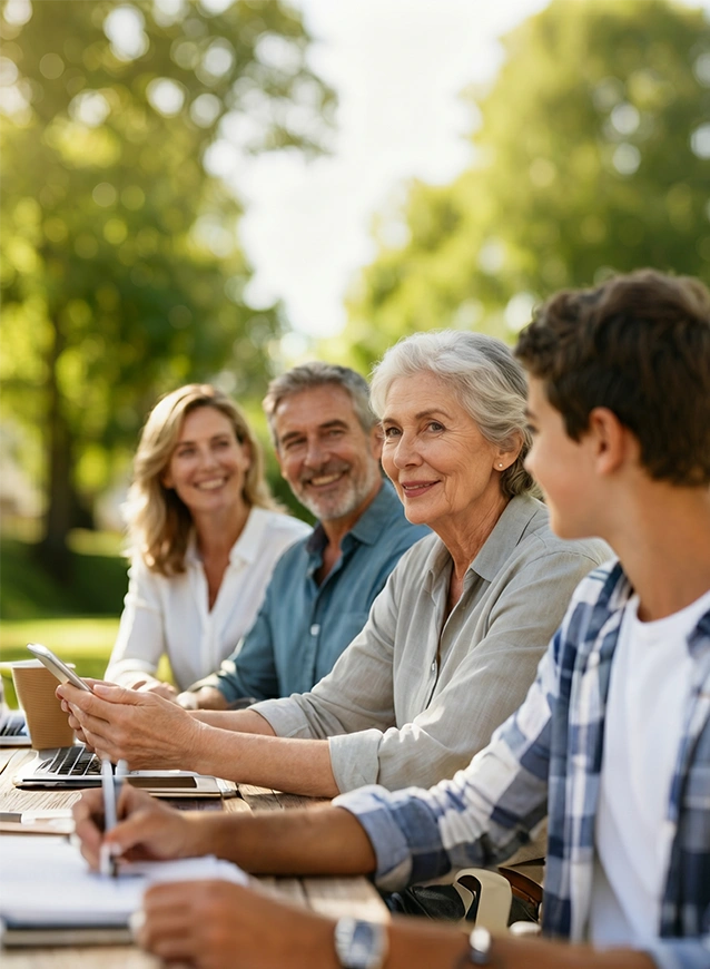 Group of people sitting outdoors at a table with trees in the background