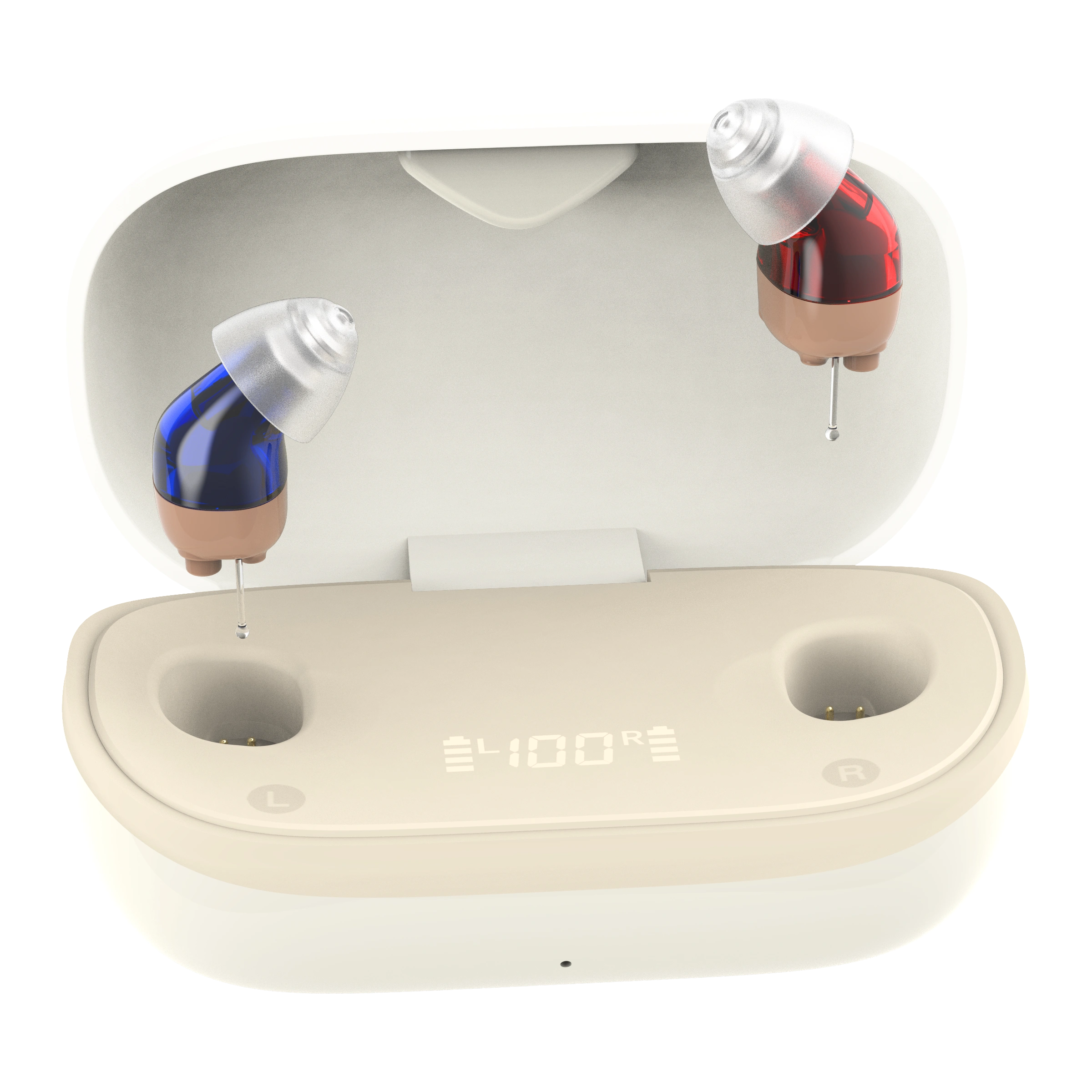 Tomore 6120 CIC hearing aids with a white charging case and red-blue color scheme