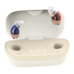 Tomore 6120 CIC hearing aids with a white charging case and red-blue color scheme