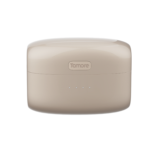 Beige hearing device case with 'Tmore' branding on a white background