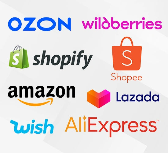 Logos of various e-commerce platforms including OZON, wildberries, Shopify, Shopee, Amazon, Lazada, Wish, and AliExpress on a white background.