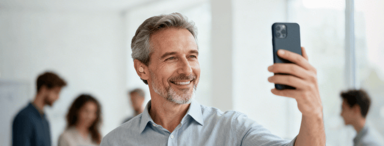 A man wearing Tomore ITE hearing aids is making a phone call using the Bluetooth function.