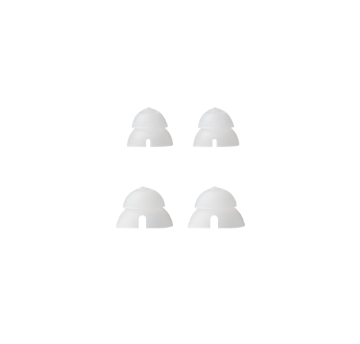 Four white open ear tips on a white background