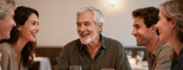 A Tomore hearing aid user enjoying a pleasant meal with friends in a restaurant.