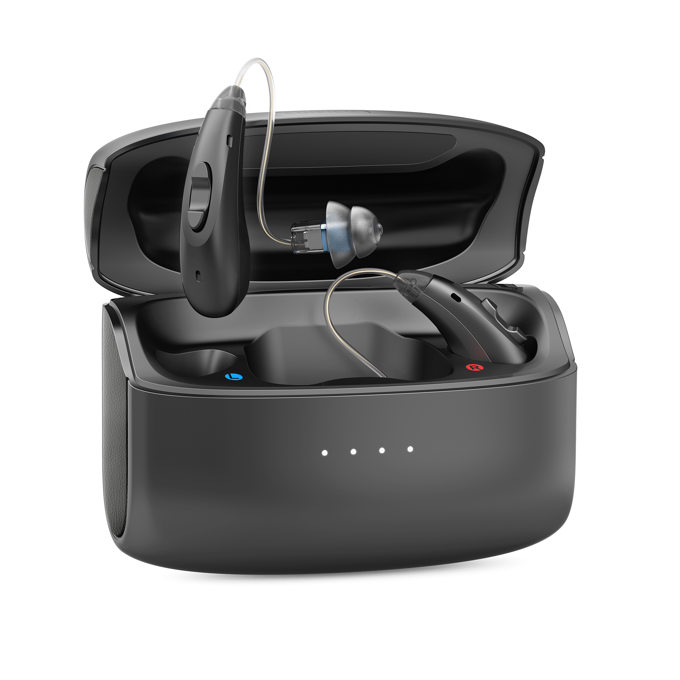 Black hearing aid device with charging case on a white background