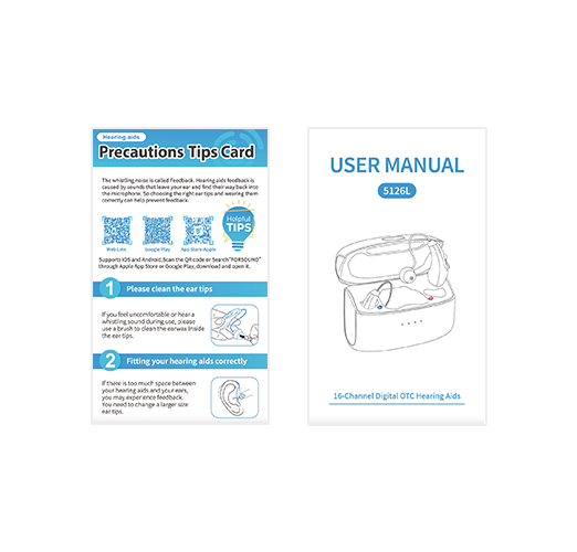 Packaging of hearing aids with user manual and precautions card on a white background