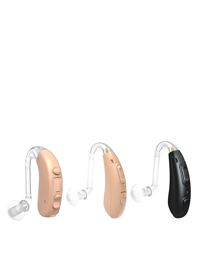 Three BTE hearing aid in beige, black, and clear on a white background