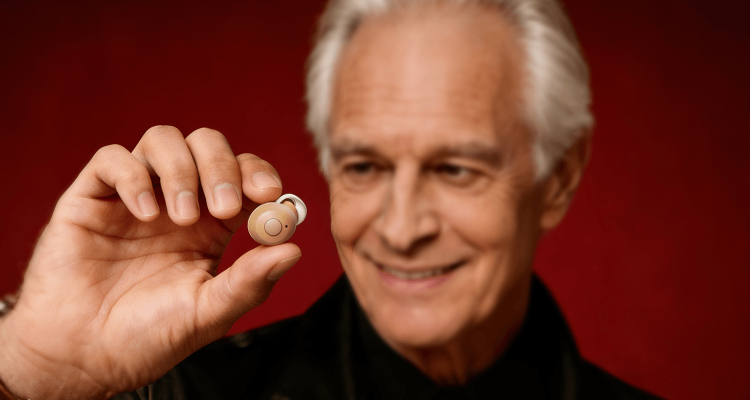 A man holds a Tomore ITE hearing aid in front of a red background.
