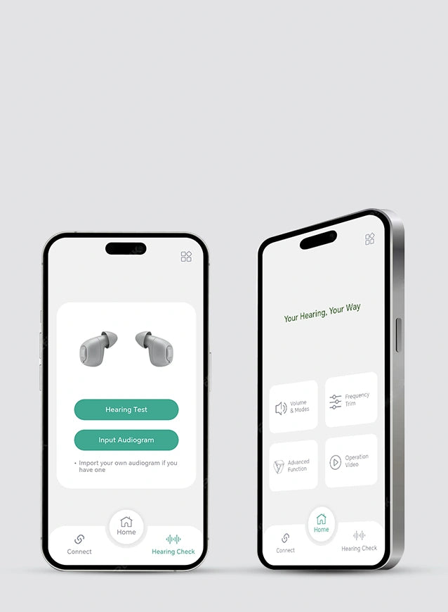 Two smartphones displaying a hearing aid app interface on a light gray background