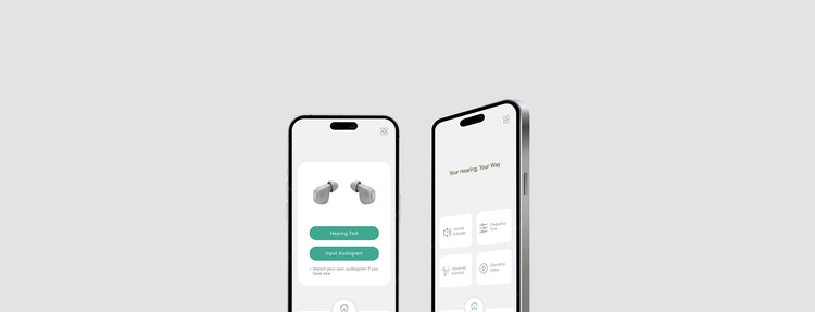 Two smartphones displaying an app interface on a light gray background