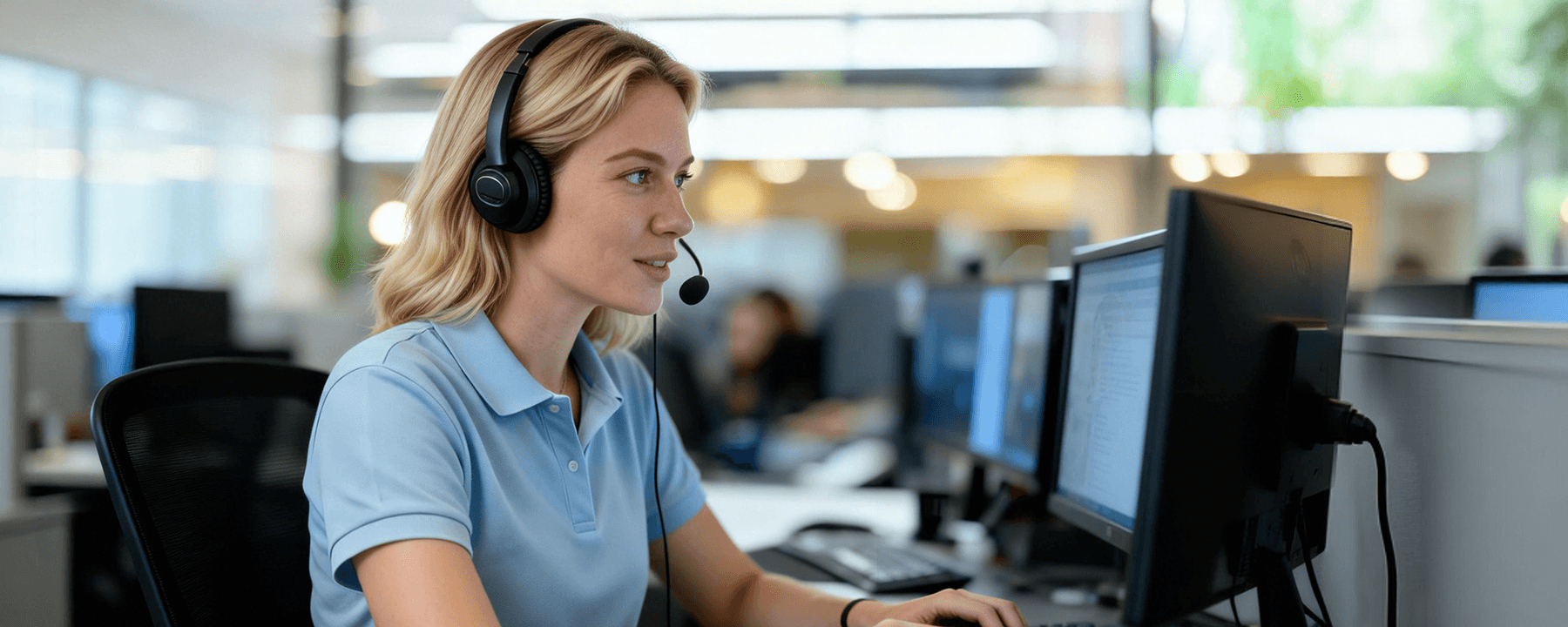 Person wearing a headset and working at a computer in an office setting