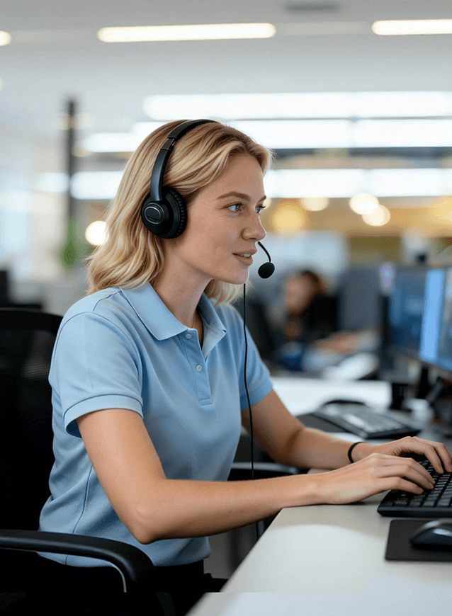 Woman wearing a headset and working at a desk in an office setting