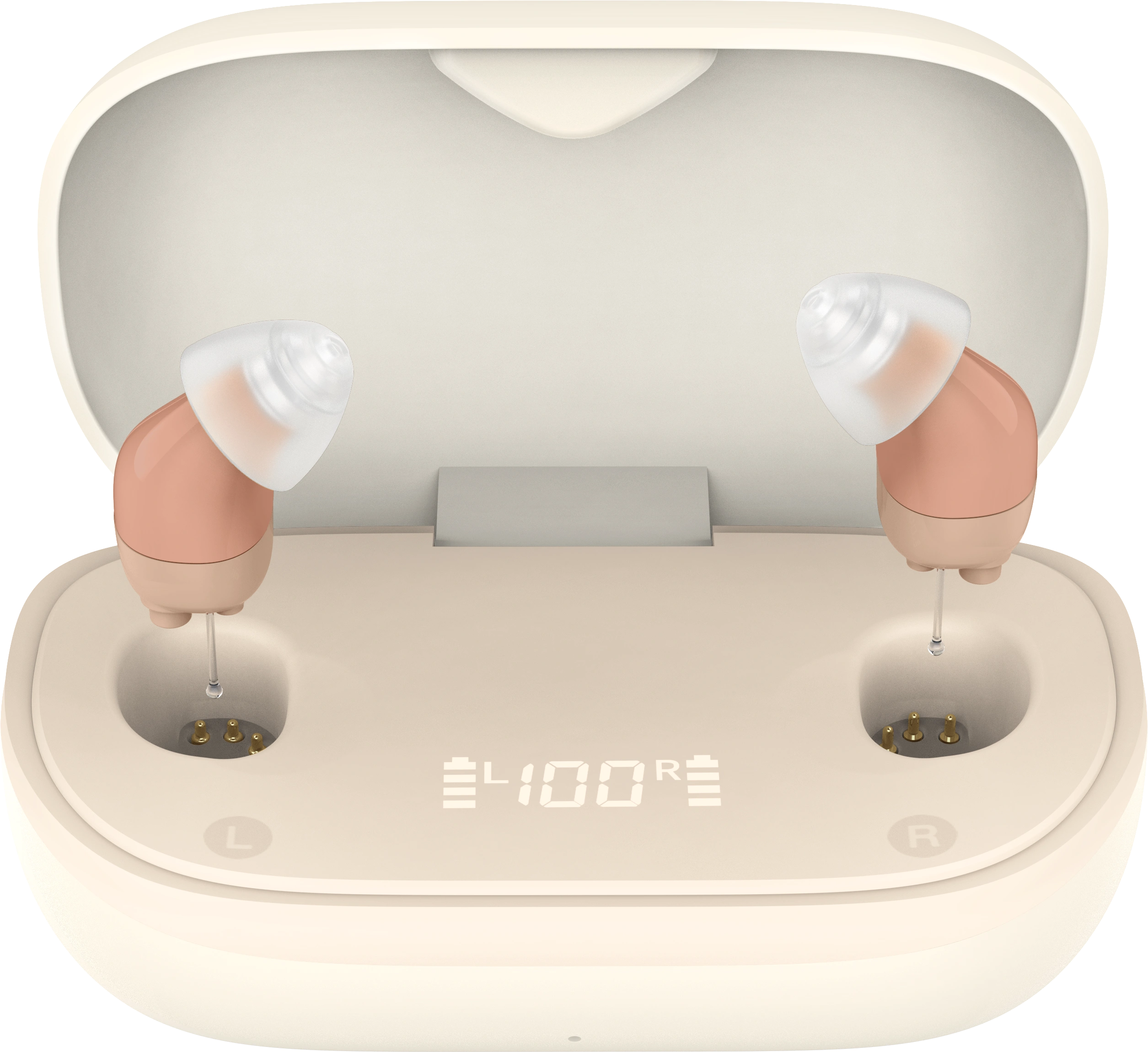 TM6120 CIC hearing aids with white charging case and skin-colored earpieces