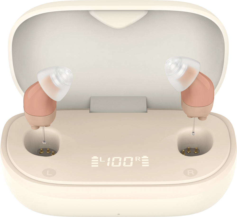 TM6120 CIC hearing aids with white charging case and skin-colored earpieces