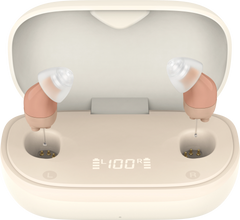 TM6120 CIC hearing aids with white charging case and skin-colored earpieces